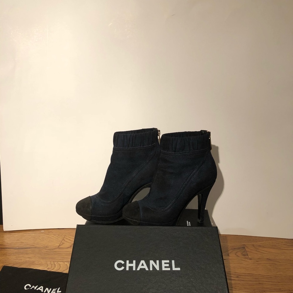 CHANEL Blue & Black Toe Suede Booties